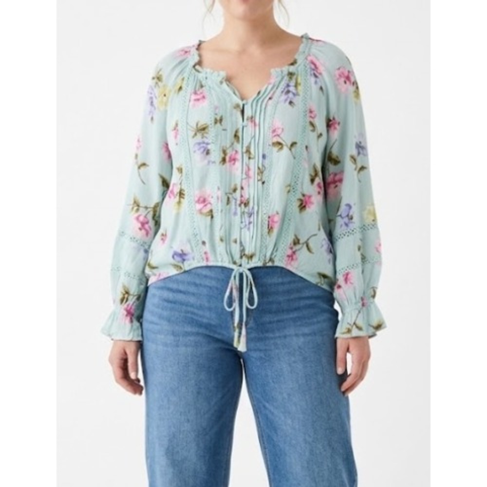 New American Rag Floral Blouse Large Blue Boho Lace Button Front Feminine